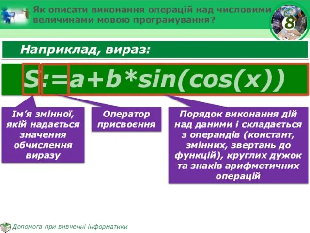 Як описати виконання операцій над числовими величинами мовою програмування? Наприклад,