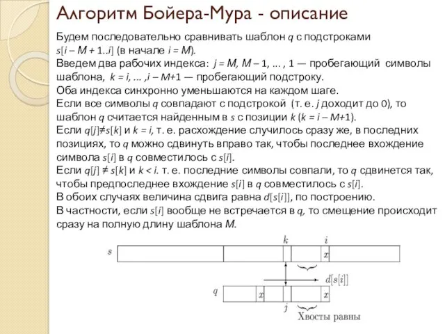 Алгоритм Бойера-Мура - описание Будем последовательно сравнивать шаблон q с подстроками s[i –