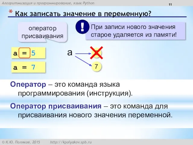 Как записать значение в переменную? a = 5 оператор присваивания