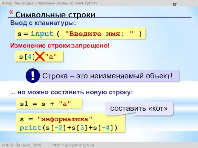 Символьные строки Ввод с клавиатуры: s = input ( "Введите