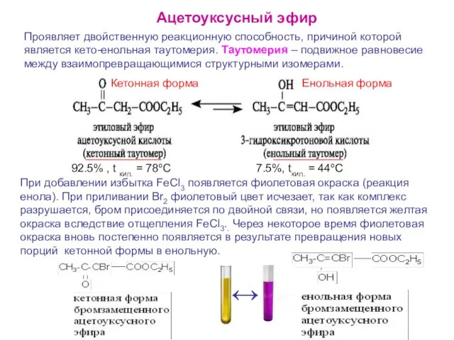 Ацетоуксусный эфир Проявляет двойственную реакционную способность, причиной которой является кето-енольная