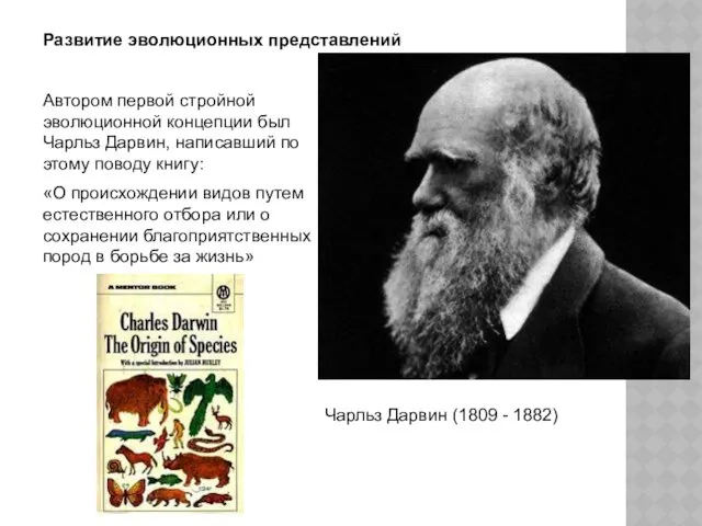 Развитие эволюционных представлений Автором первой стройной эволюционной концепции был Чарльз Дарвин, написавший по