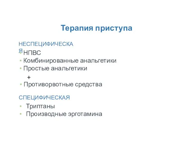 Терапия приступа НЕСПЕЦИФИЧЕСКАЯ СПЕЦИФИЧЕСКАЯ НПВС Комбинированные анальгетики Простые анальгетики Триптаны Производные эрготамина Противорвотные средства +