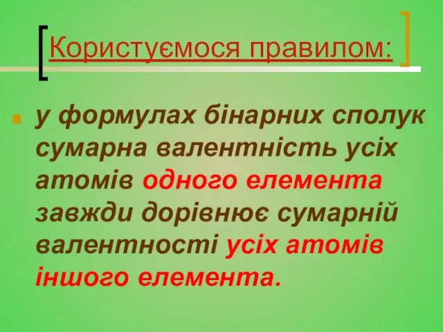 Користуємося правилом: у формулах бінарних сполук сумарна валентність усіх атомів