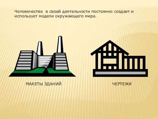 Человечество в своей деятельности постоянно создает и использует модели окружающего мира. МАКЕТЫ ЗДАНИЙ ЧЕРТЕЖИ