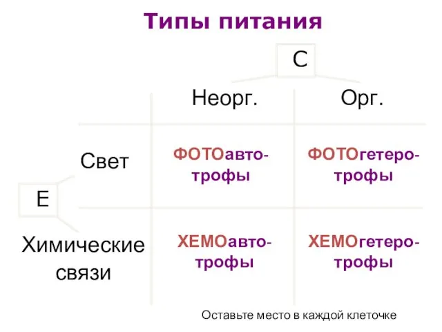 Типы питания ФОТОавто-трофы ФОТОгетеро-трофы ХЕМОавто-трофы ХЕМОгетеро-трофы Оставьте место в каждой клеточке