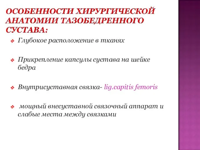 Глубокое расположение в тканях Прикрепление капсулы сустава на шейке бедра