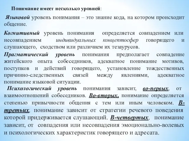 Понимание имеет несколько уровней: Языковой уровень понимания – это знание