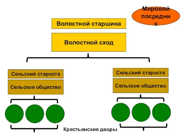 Крестьянские дворы Сельское общество Сельский староста Сельское общество Сельский староста Волостной сход Волостной старшина Мировой посредник