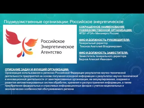 Подведомственные организации: Российское энергетическое агенство СОКРАЩЕННОЕ НАИМЕНОВАНИЕ ПОДВЕДОМСТВЕННОЙ ОРГАНИЗАЦИИ: ФГБУ
