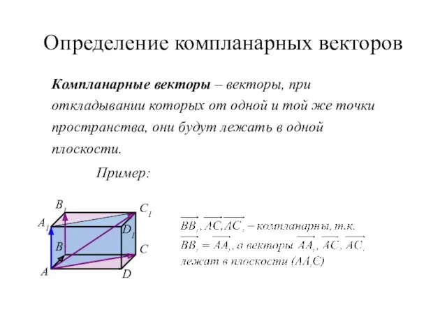 Определение компланарных векторов Компланарные векторы – векторы, при откладывании которых