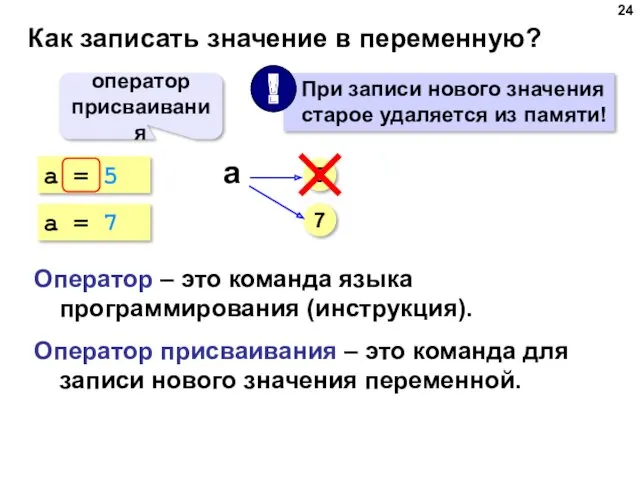 Как записать значение в переменную? a = 5 оператор присваивания 5 Оператор –