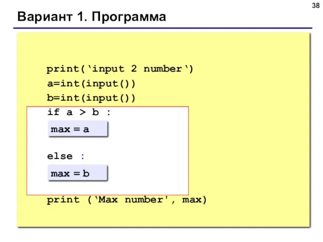 Вариант 1. Программа max = a max = b print(‘input