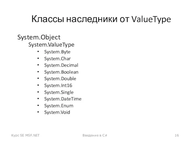 Классы наследники от ValueType System.Object System.ValueType System.Byte System.Char System.Decimal System.Boolean