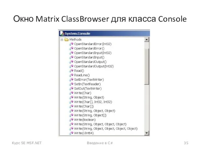 Окно Matrix ClassBrowser для класса Console Курс SE MSF.NET Введение в C#