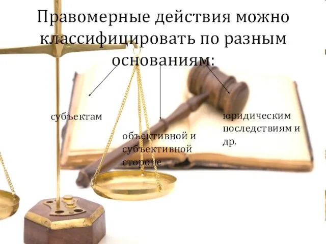 Правомерные действия можно классифицировать по разным основаниям: субъектам объективной и субъективной стороне юридическим последствиям и др.