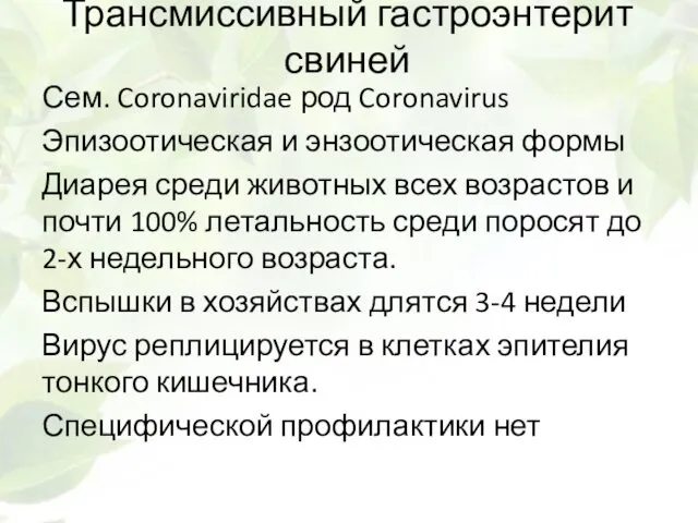 Трансмиссивный гастроэнтерит свиней Сем. Coronaviridae род Coronavirus Эпизоотическая и энзоотическая