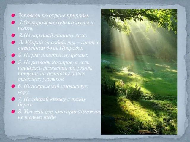 Заповеди по охране природы. 1.Осторожно ходи по лесам и полям. 2.Не нарушай тишину