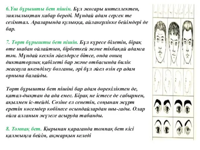 6.Үш бұрышты бет пішін. Бұл жоғары интеллектен, зиялылықтан хабар береді.