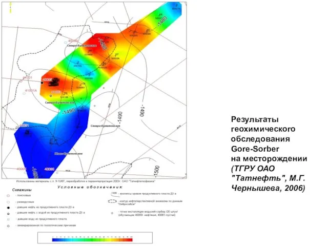 Результаты геохимического обследования Gore-Sorber на месторождении (ТГРУ ОАО "Татнефть", М.Г.Чернышева, 2006)