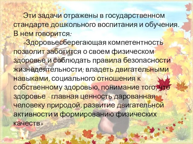 Эти задачи отражены в государственном стандарте дошкольного воспитания и обучения.