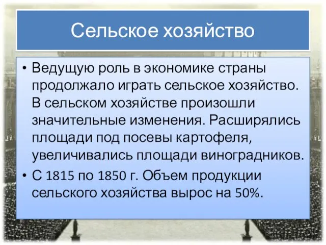 Сельское хозяйство Ведущую роль в экономике страны продолжало играть сельское