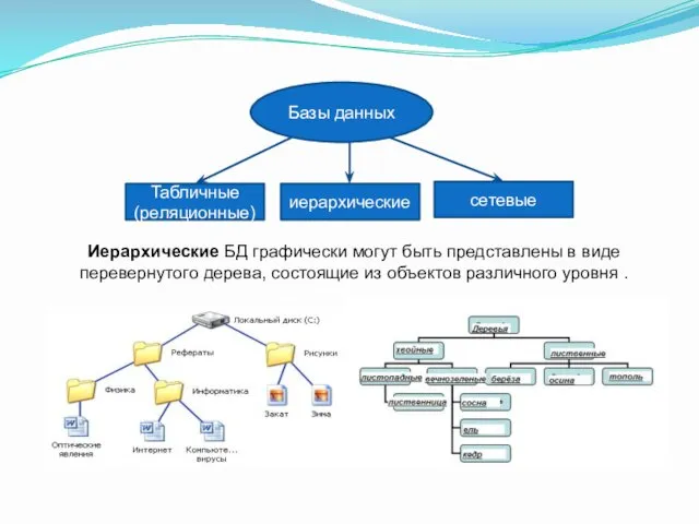 Иерархические БД графически могут быть представлены в виде перевернутого дерева, состоящие из объектов различного уровня .