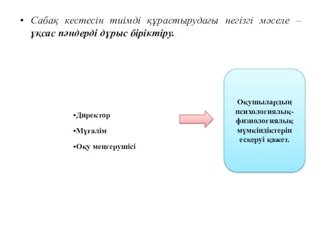 Сабақ кестесін тиімді құрастырудағы негізгі мәселе – ұқсас пәндерді дұрыс