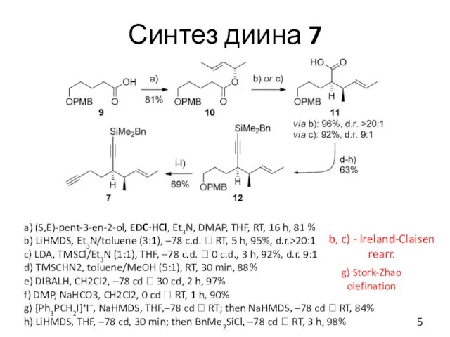 Синтез диина 7 a) (S,E)-pent-3-en-2-ol, EDC·HCl, Et3N, DMAP, THF, RT,