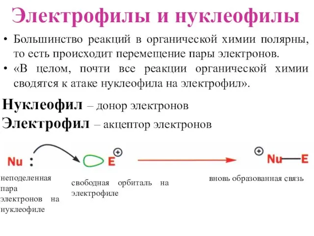 Электрофилы и нуклеофилы Нуклеофил – донор электронов Электрофил – акцептор