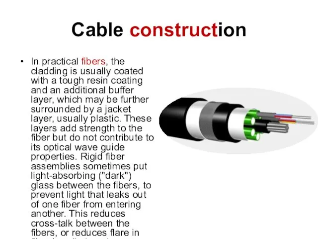 Cable construction In practical fibers, the cladding is usually coated with a tough