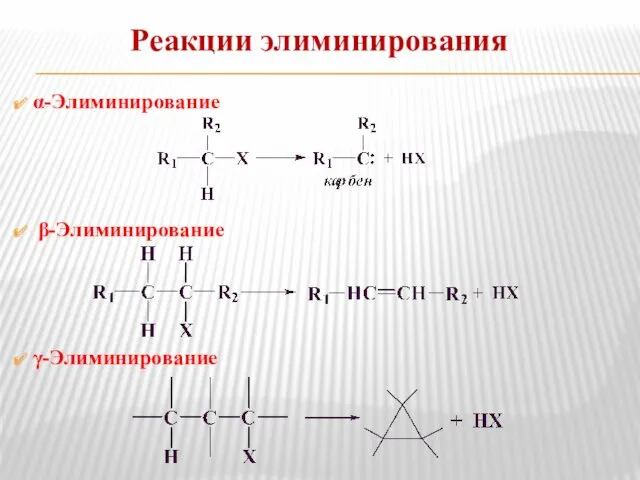 Реакции элиминирования α-Элиминирование β-Элиминирование γ-Элиминирование