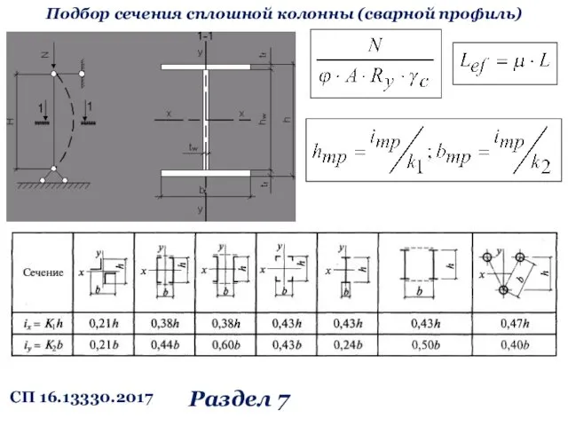 Подбор сечения сплошной колонны (сварной профиль) СП 16.13330.2017 Раздел 7