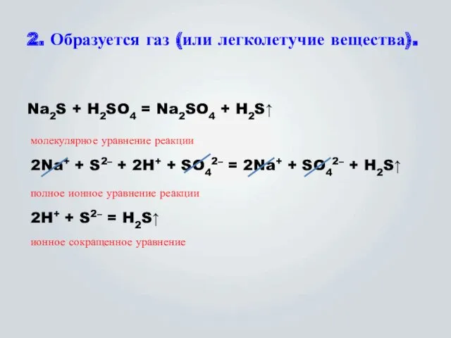 2. Образуется газ (или легколетучие вещества). Na2S + H2SO4 =