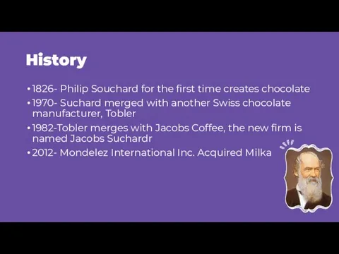 History 1826- Philip Souchard for the first time creates chocolate 1970- Suchard merged