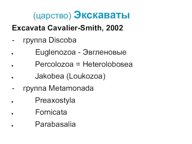 (царство) Экскаваты Excavata Cavalier-Smith, 2002 - группа Discoba Euglenozoa - Эвгленовые Percolozoa =