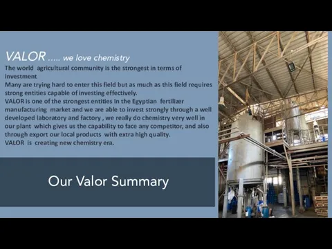 Our Valor Summary VALOR ….. we love chemistry The world