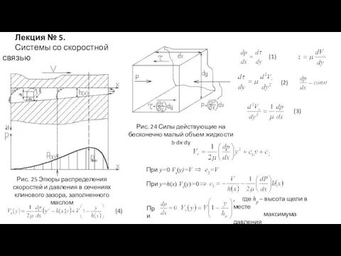 Рис. 25 Эпюры распределения скоростей и давления в сечениях клинового