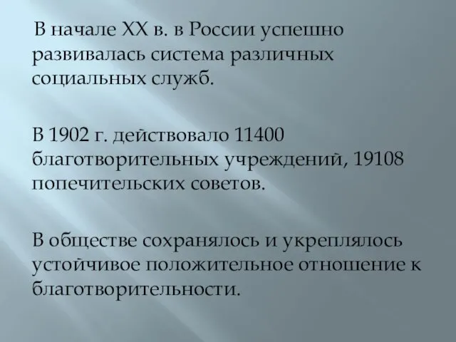 В начале XX в. в России успешно развивалась система различных социальных служб. В