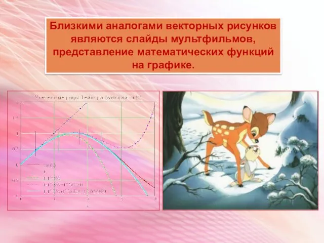 Близкими аналогами векторных рисунков являются слайды мультфильмов, представление математических функций на графике.