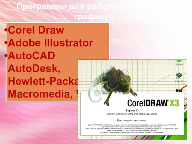 Corel Draw Adobe Illustrator AutoCAD AutoDesk, Hewlett-Packard, Macromedia, Visio Программы для работы с векторной графикой