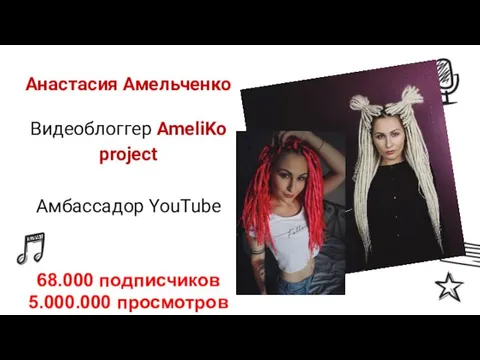 Анастасия Амельченко Видеоблоггер AmeliKo project Амбассадор YouTube 68.000 подписчиков 5.000.000 просмотров