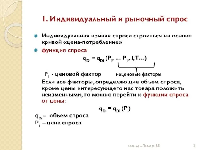 1. Индивидуальный и рыночный спрос Индивидуальная кривая спроса строиться на