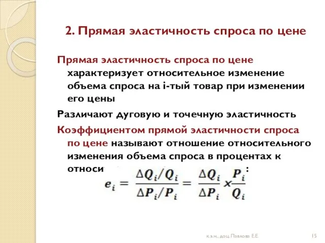 2. Прямая эластичность спроса по цене Прямая эластичность спроса по