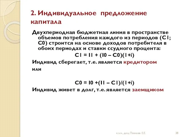 2. Индивидуальное предложение капитала Двухпериодная бюджетная линия в пространстве объемов