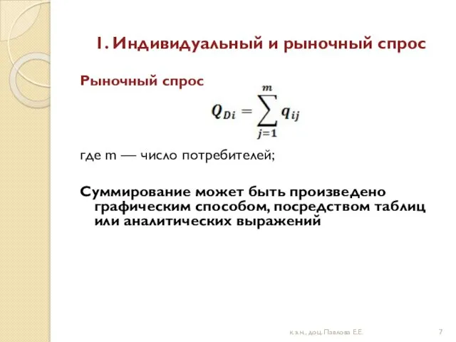 1. Индивидуальный и рыночный спрос Рыночный спрос где m —