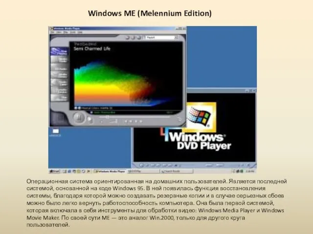 Windows ME (Melennium Edition) Операционная система ориентированная на домашних пользователей.