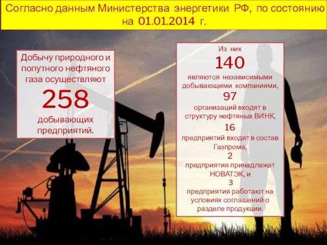 Согласно данным Министерства энергетики РФ, по состоянию на 01.01.2014 г. Добычу природного и