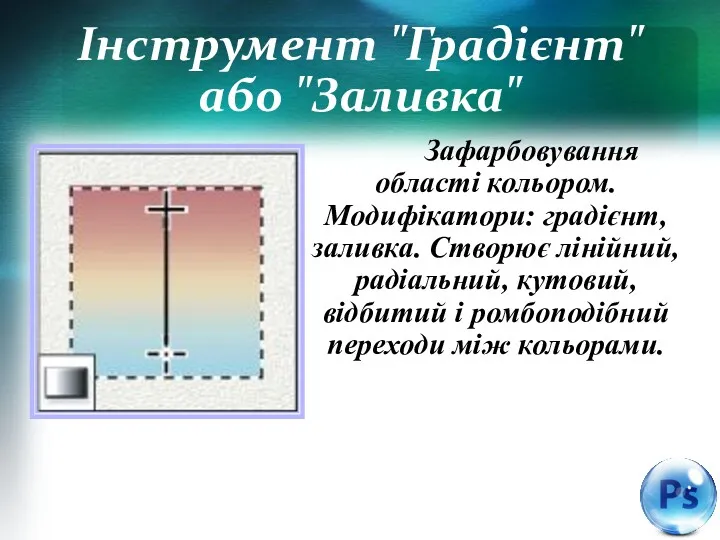 Інструмент "Градієнт" або "Заливка" Зафарбовування області кольором. Модифікатори: градієнт, заливка. Створює лінійний, радіальний,