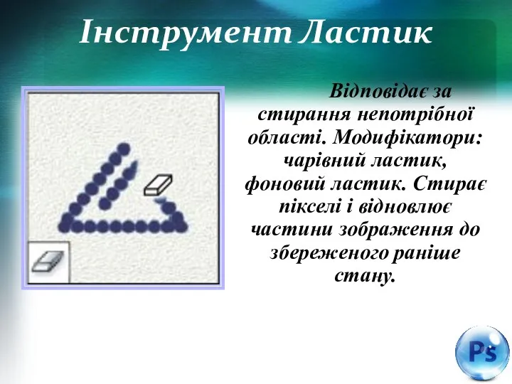 Інструмент Ластик Відповідає за стирання непотрібної області. Модифікатори: чарівний ластик,